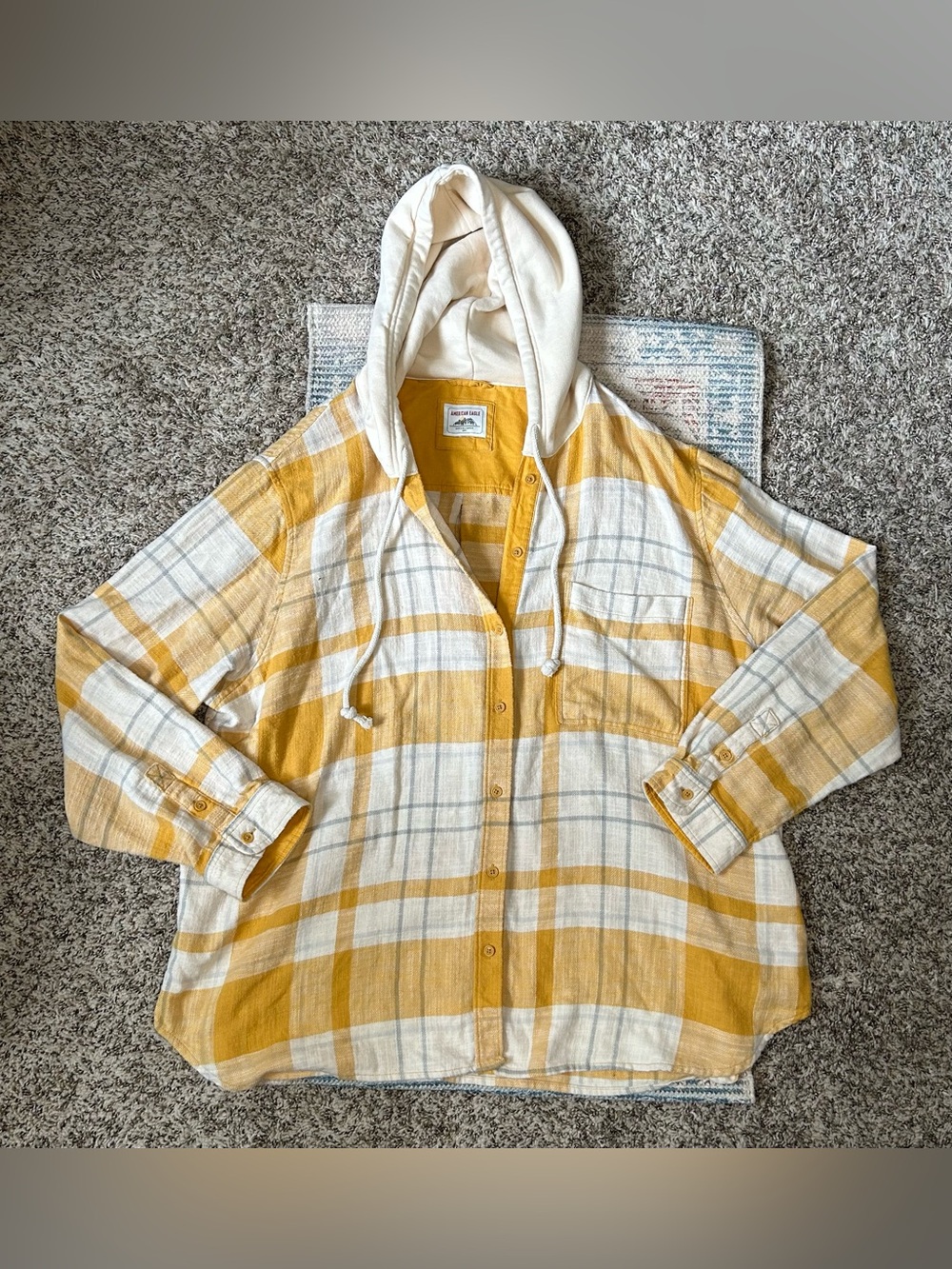 🍂AMERICAN EAGLE Yellow Plaid Hooded Button-Up Flannel - XXL - Picture 2 of 6